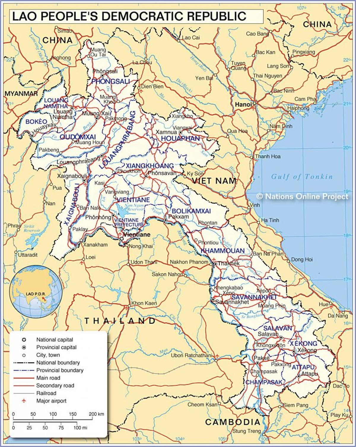 Mapa de laos e os países veciños
